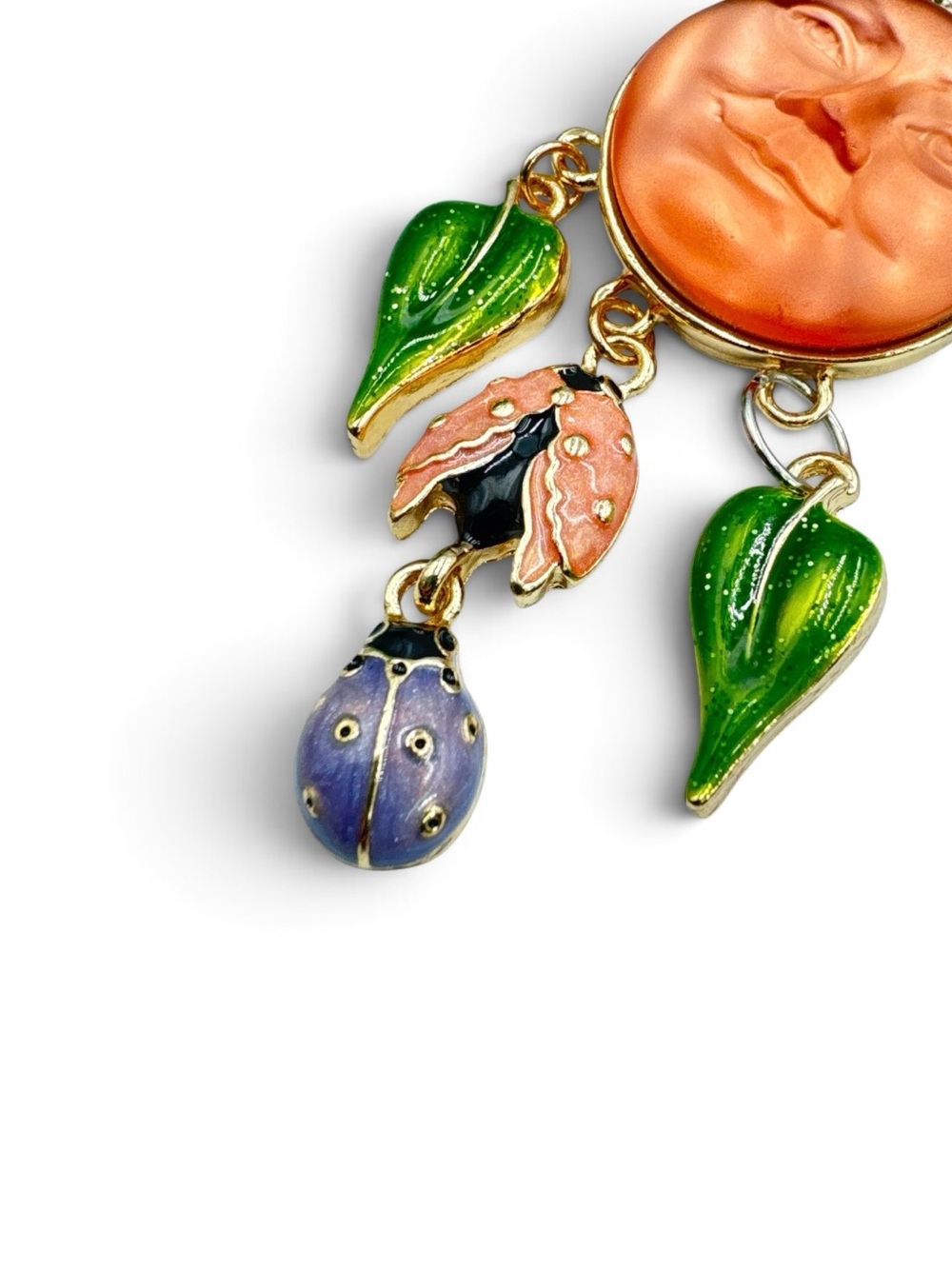 Vintage Y2K Kirk’s Folly Moon Face Ladybug Enamel Crystal Pendant Necklace - Picture 9 of 9